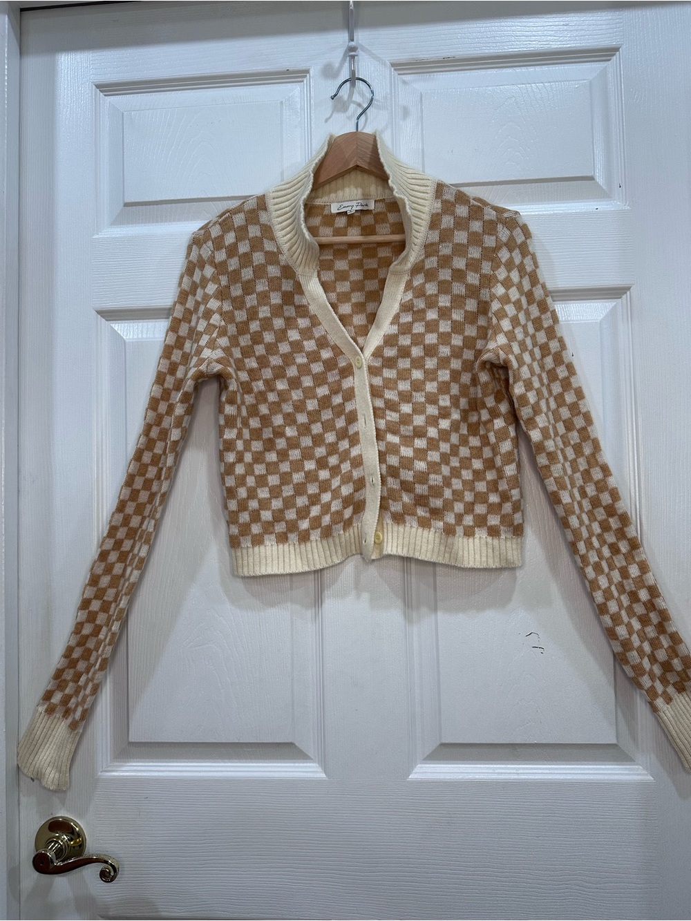emory park Cream and Tan Checkered Button-Up Cardigan